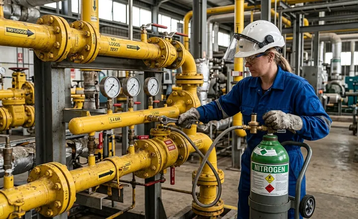 Técnico com cilindro de nitrogênio realizando teste de estanqueidade em rede de gás
