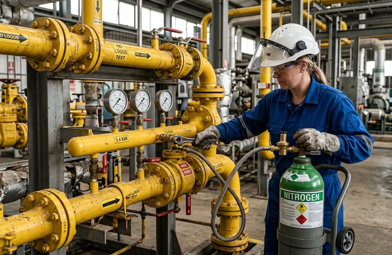 Técnico com cilindro de nitrogênio realizando teste de estanqueidade em tubulação amarela de gás