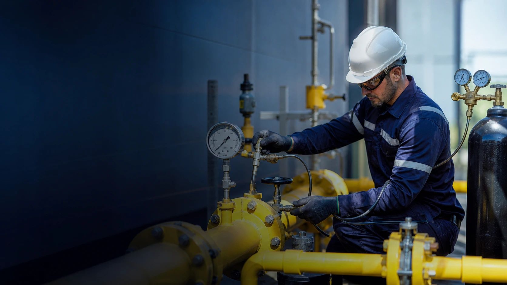 Técnico em uniforme de segurança realizando inspeção técnica em instalação industrial