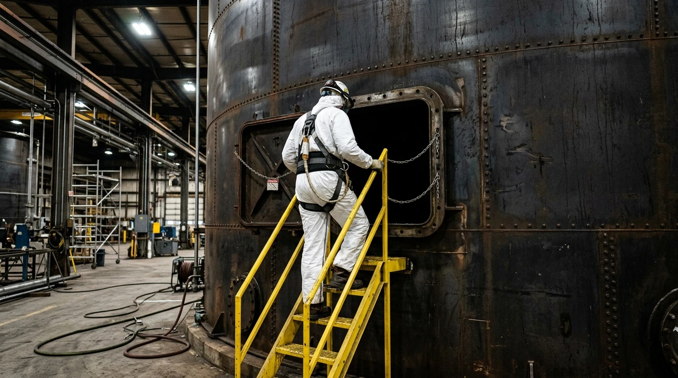 Serviço técnico de limpeza interna em tanque industrial de combustível