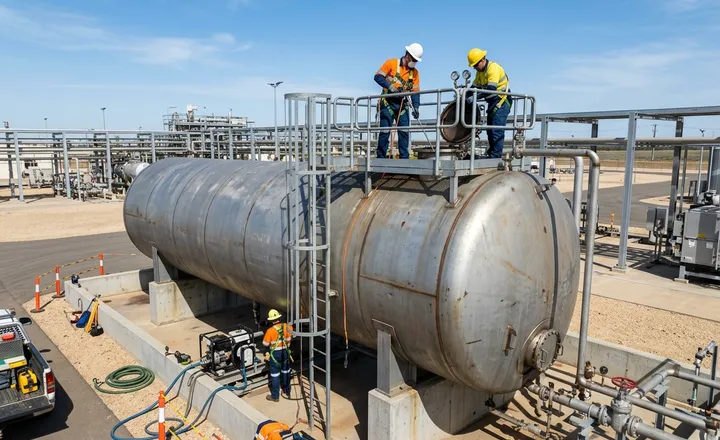 Tanque horizontal de armazenamento de combustível em instalação industrial