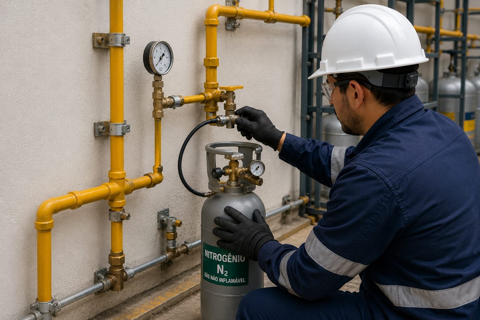 Técnico com capacete realizando verificação em rede de gás com nitrogênio e manômetro